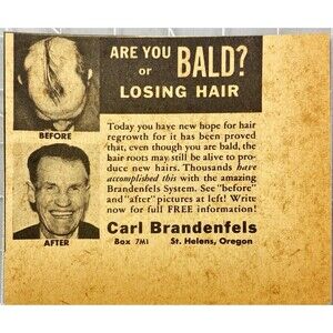 Carl Brandenfeis "Are you Bald or Losing Hair? Free Info" Vintage Print Ad 1956